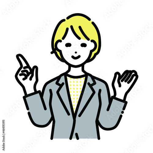 指を指して案内する女性のビジネスマン