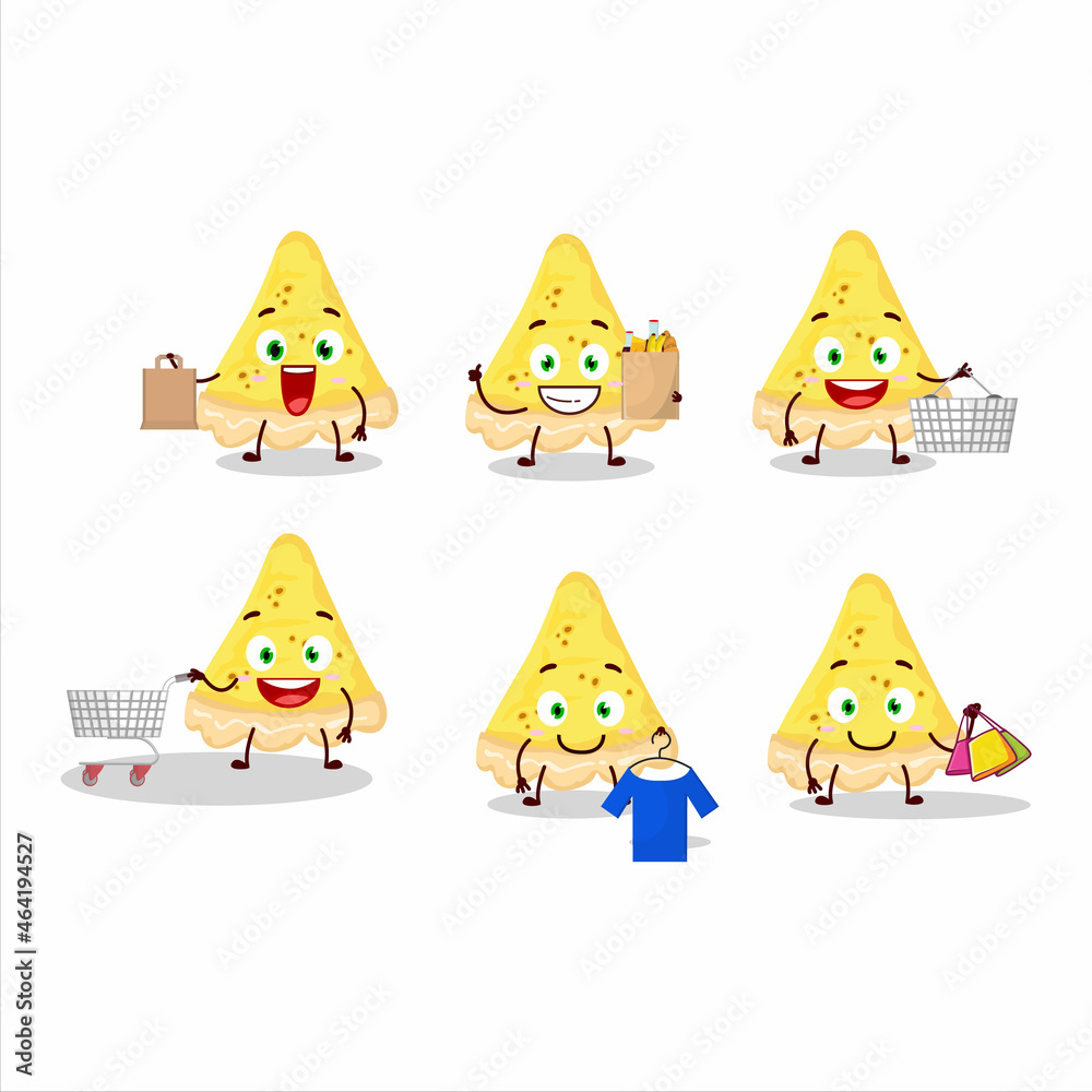 A Rich slice of cheese tart mascot design style going shopping A Rich slice of cheese tart mascot design style going shopping
