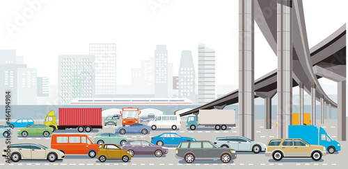 Großstadt in der rush hour mit einer Straßenkreuzung im Verkehrsstau und öffentlicher verkehr illustration