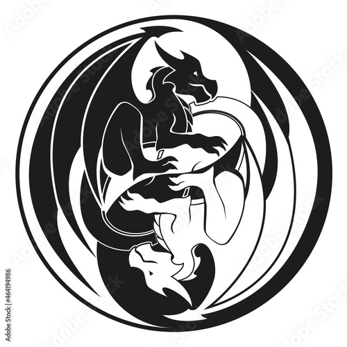 Dragons in Yin and yang circle - Dragon symbol, black and white illustration vector