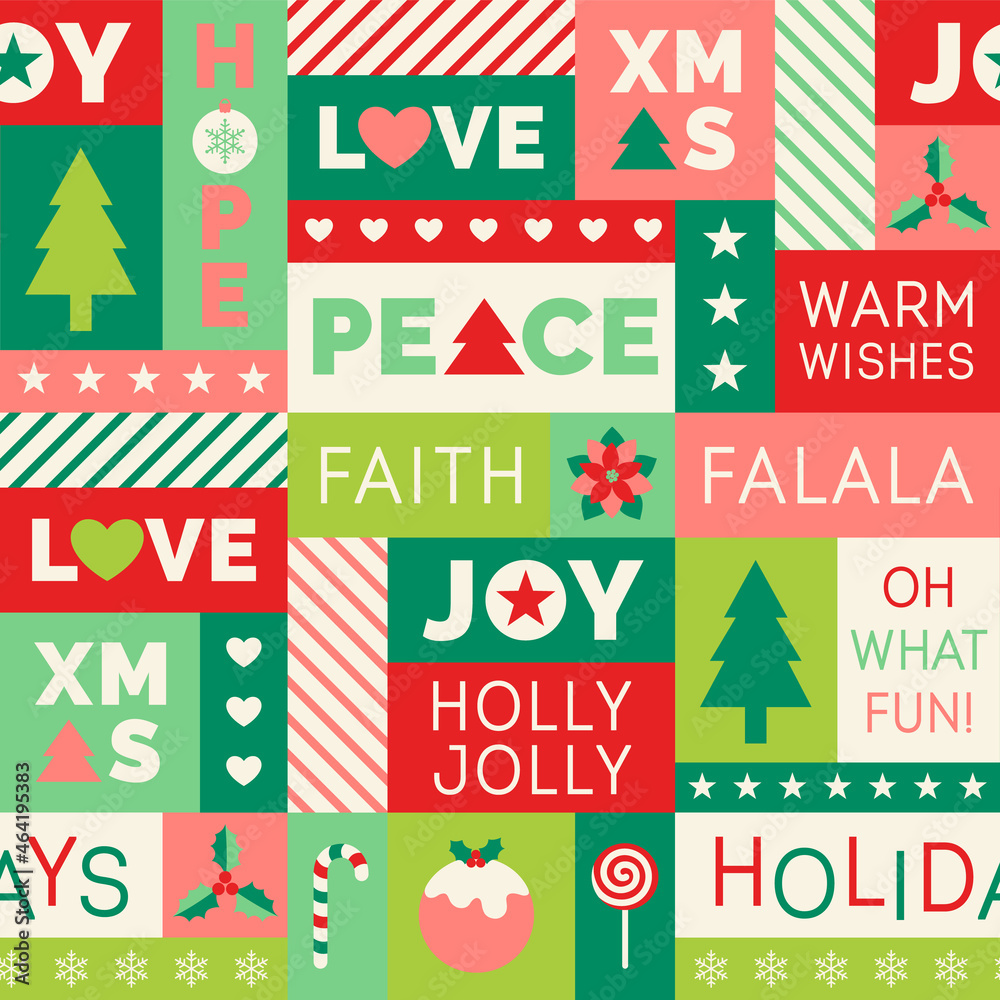 Fototapeta premium Cute christmas elements and typography design seamless grid pattern.