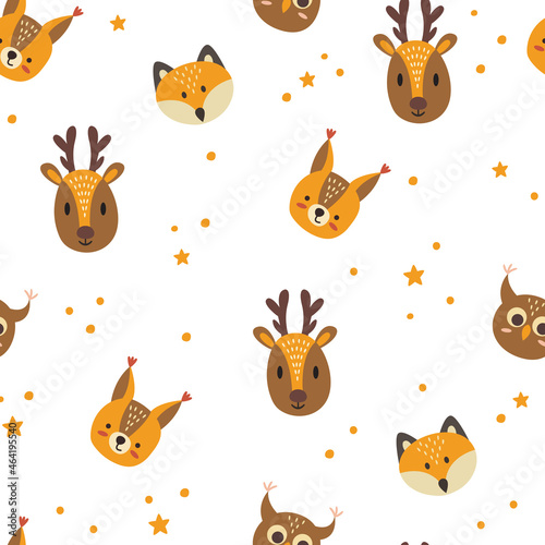 Fototapeta Naklejka Na Ścianę i Meble -  Cute animals, childish seamless hand drawn pattern. Digital paper with fox, squirrel owl and deer. Vector illustration.