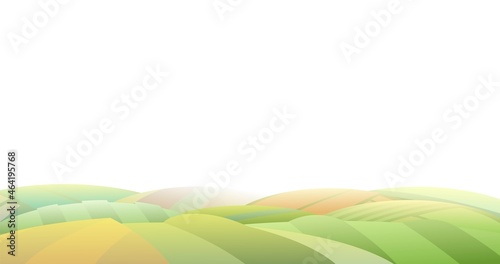 Rural hills with harvest of wheat and vegetables. Farm cute landscape. Funny cartoon design illustration. Flat style. Isolated on white background. Vector.