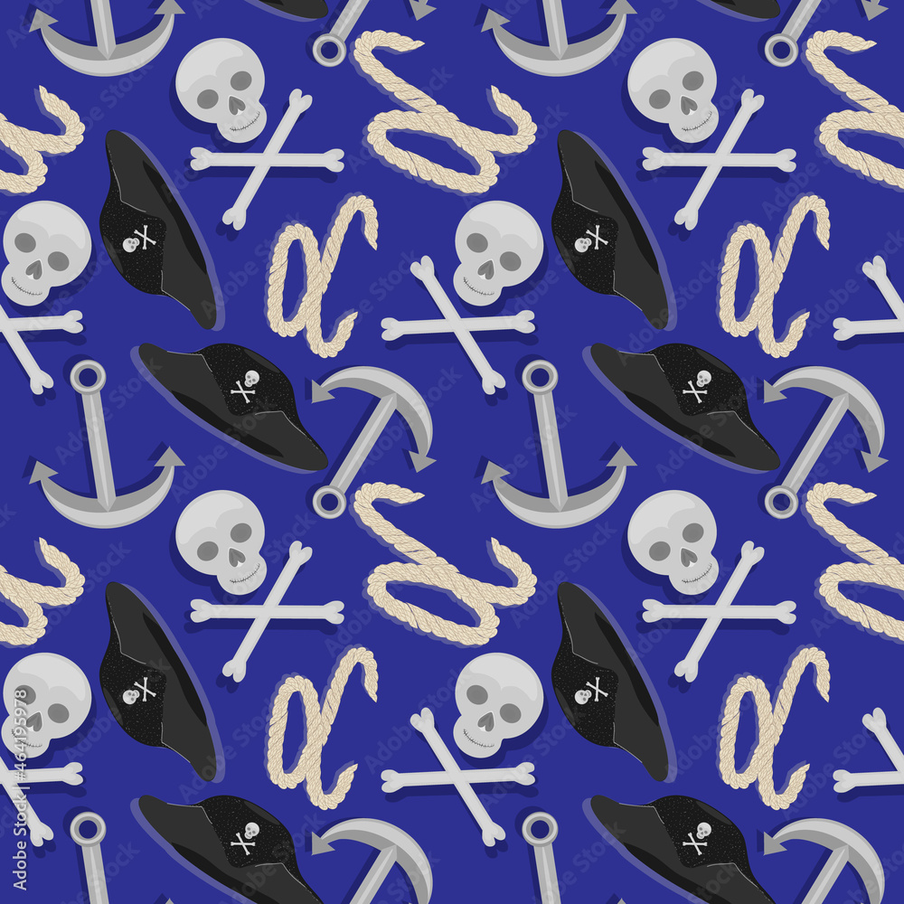 Seamless pattern on the theme of the sea and pirates with a captain's hat, skull, rope, anchor. Graphic for fabric, wrapping paper, endpaper, textile or background Seamless pattern on the theme of the sea and pirates with a captain's hat, skull, rope, anchor. Graphic for fabric, wrapping paper, endpaper, textile or background