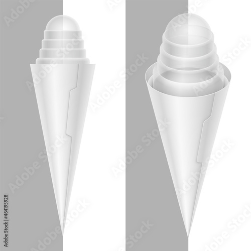 Ice cream cone with high domical transparent cover and eyelet. Blank vector realistic packaging mockup illustration.