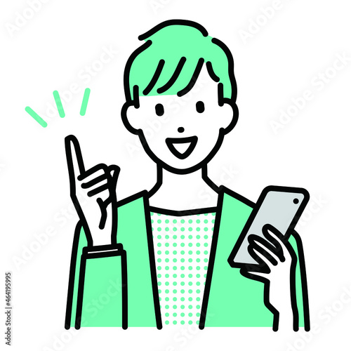 スマホを持って指を指す男性