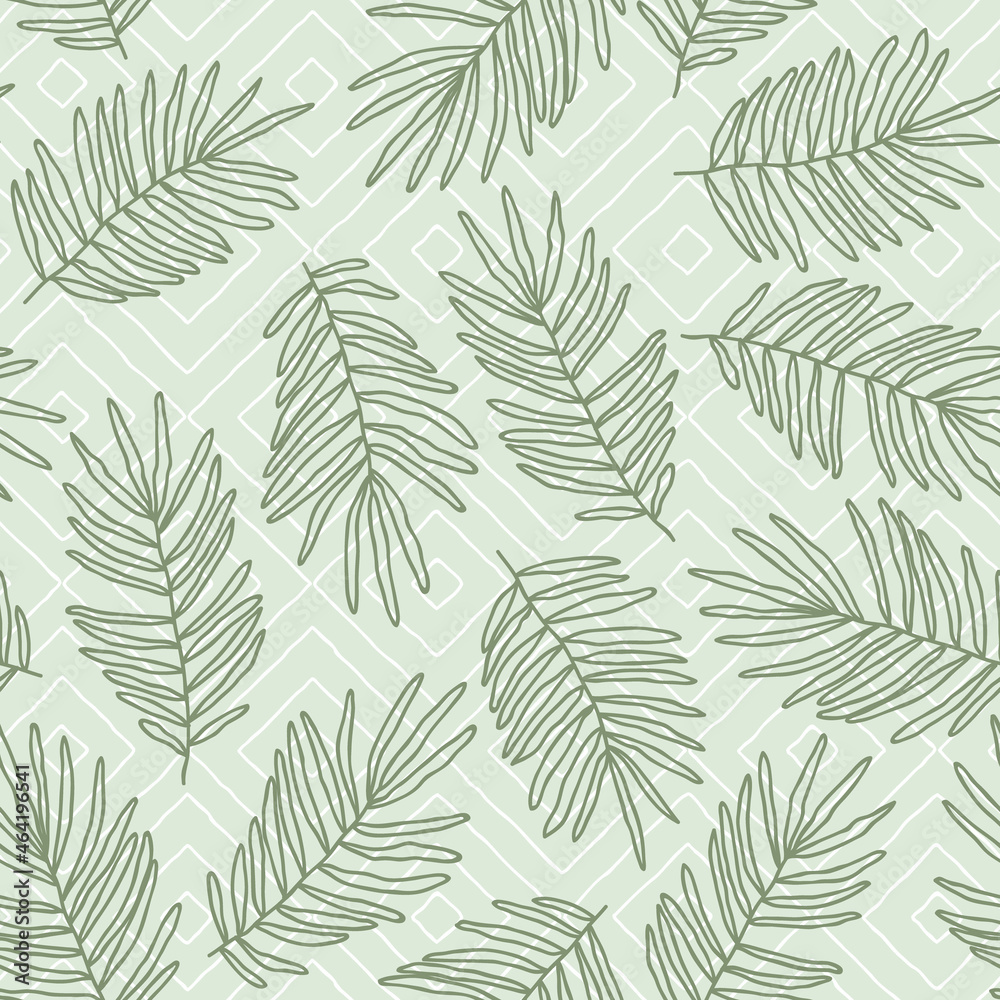 Seamless pattern with hand-drawn outlines of palm leaves on green background. Tropical print.