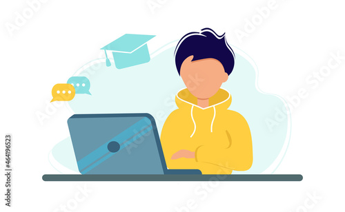 Online education during coronavirus outbreak concept. Boy studying with laptop and books. Stay at home. Self-isolation. Illustration in flat style