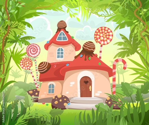 Candy hut in thickets of wild jungle.. Sweet caramel fairy house. Summer cute landscape. Illustration in cartoon style flat design. Picture for children. Vector