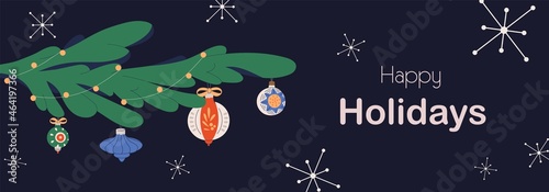 Christmas banner design with vintage baubles on Xmas tree branch. Winter holiday background for Happy New Year. Festive horizontal card with firtree twig and ornament. Colored flat vector illustration