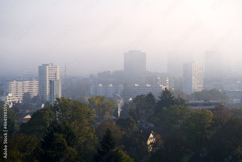 Scenic landscape with north part of City of Zürich on a beautiful foggy autumn morning. Photo taken October 16th, 2021, Zurich, Switzerland.