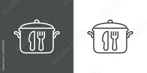 Pote con cubiertos. Logotipo olla con tapa con tenedor y cuchillo con lineas en fondo gris y fondo blanco