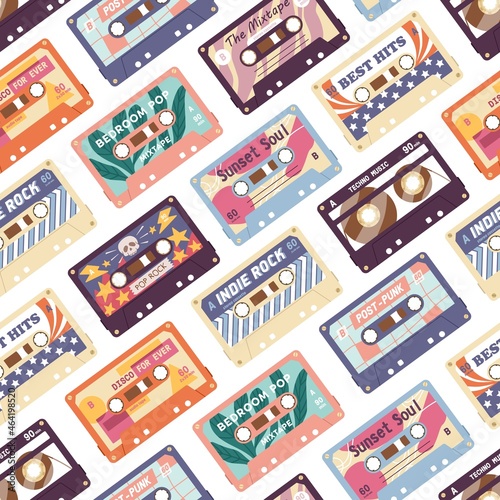 Seamless pattern with retro audio cassettes. Background with old stereo tapes with pop music records of 80s. Colorful texture design with magnetic casettes print. Colored flat vector illustration