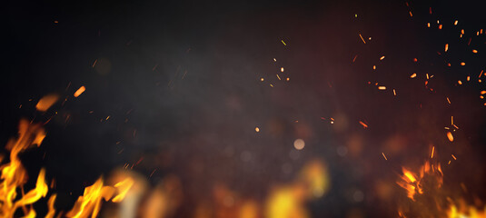 Halloween Witch .  Fire embers particles over black background. Fire sparks background. Abstract dark glitter fire particles lights.