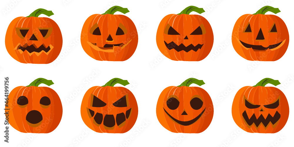 Halloween Pumpkin character. Set pumpkin. The main symbol of the Happy Halloween holiday. Orange pumpkin with smile for Halloween. Vector illustration. Halloween Pumpkin character. Set pumpkin. The main symbol of the Happy Halloween holiday. Orange pumpkin with smile for Halloween. Vector illustration.