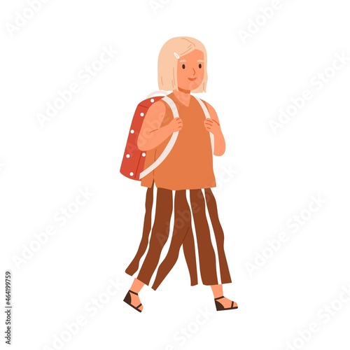 Kid going to school. Elementary student child walking with bag. Happy girl, f...
