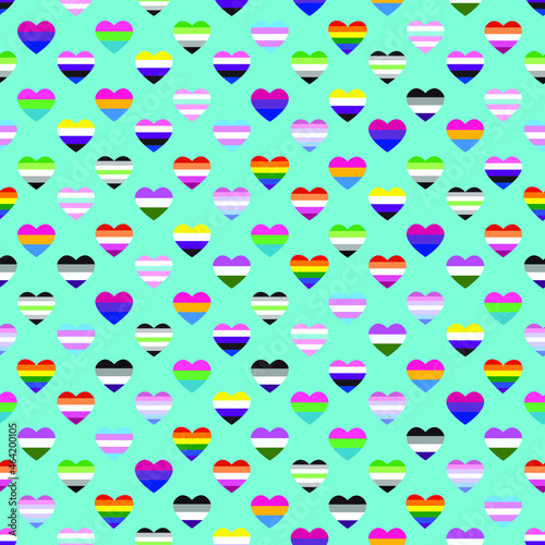 LGBT community pride vector seamless pattern. Hearts in the palette of lgbt communities: lesbian, gay, transgender, bisexual, asexual, pansexual, gender. Sexual Identity, LGBT Rights