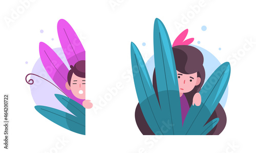Cute Boy and Girl Hiding in Fairy Bush Vector Set
