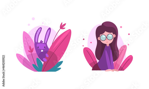 Cute Girl and Bunny Hiding in Fairy Bush Vector Set