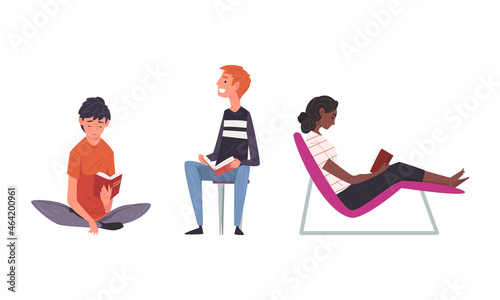 Young Man and Woman Sitting and Reading Book Vector Set