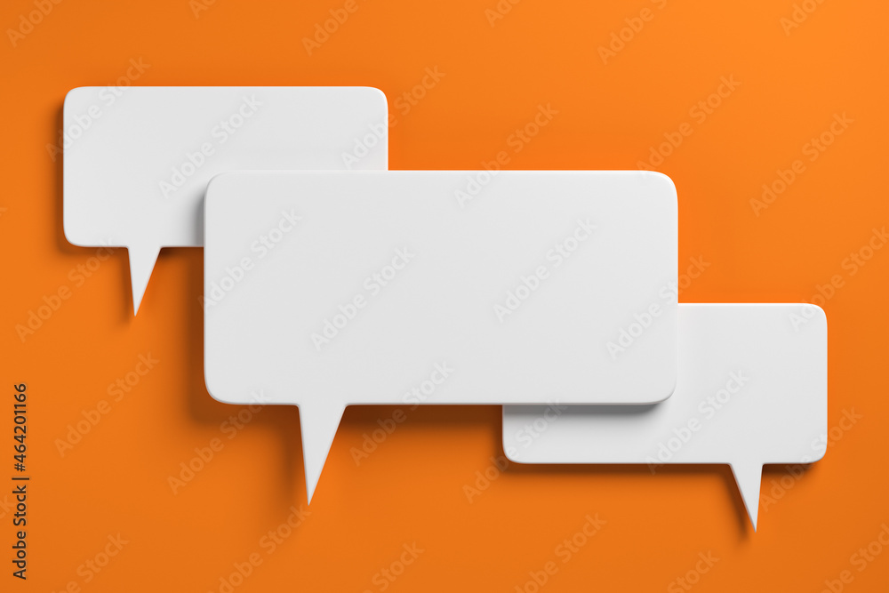 Social media notification icons, white speech bubbles on orange background. 3D rendering - obrazy, fototapety, plakaty 