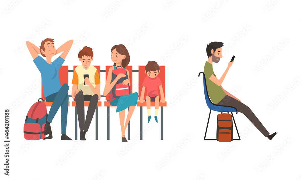 People Character at Airport Sitting and Waiting for Flight Vector Illustration Set