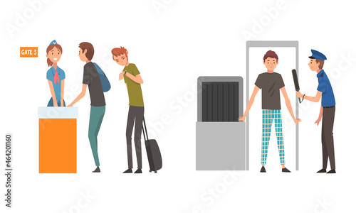 People Character at Airport Walking Through Metal Detector and Standing at Gate Vector Illustration Set