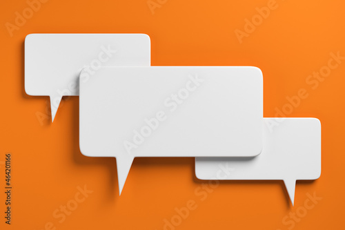 Social media notification icons, white speech bubbles on orange background. 3D rendering