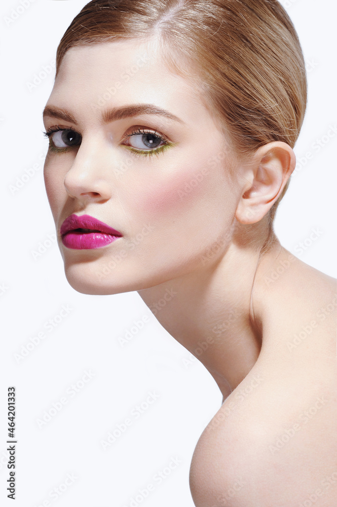 Beautiful girl with perfect healthy skin of face, hairstyle and pink lips Beautiful girl with perfect healthy skin of face, hairstyle and pink lips