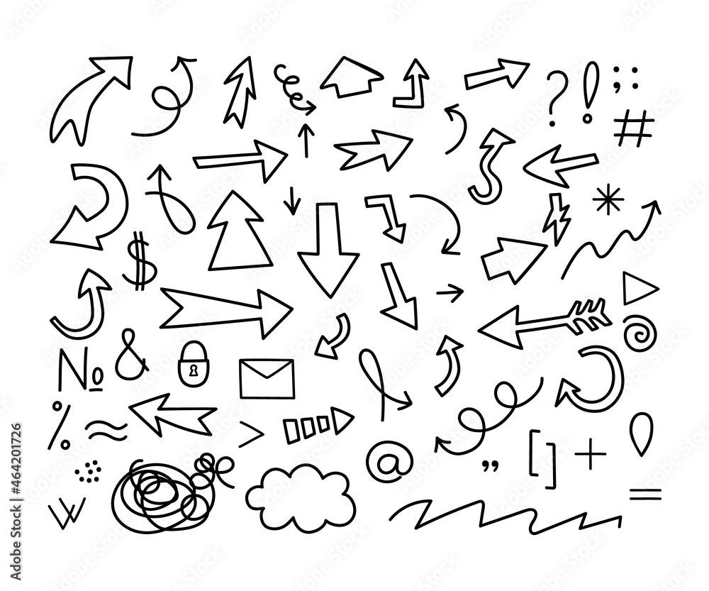 The arrows are a set of different linear black and white, drawn in a doodle style. The symbols are question mark, dollar, letter, lock, cloud, brackets. The vector illustration is isolated. The arrows are a set of different linear black and white, drawn in a doodle style. The symbols are question mark, dollar, letter, lock, cloud, brackets. The vector illustration is isolated.