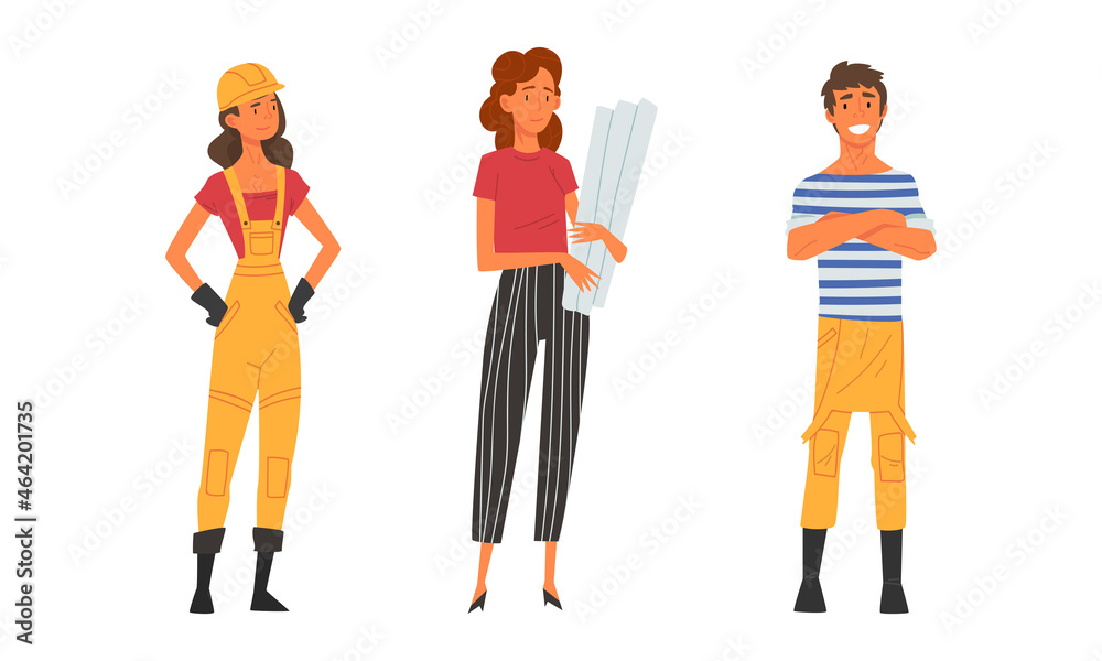 Young Male and Female Architect and Engineer Worker in Overall and Hard Hat Standing with Draft and Blueprint Vector Set Young Male and Female Architect and Engineer Worker in Overall and Hard Hat Standing with Draft and Blueprint Vector Set
