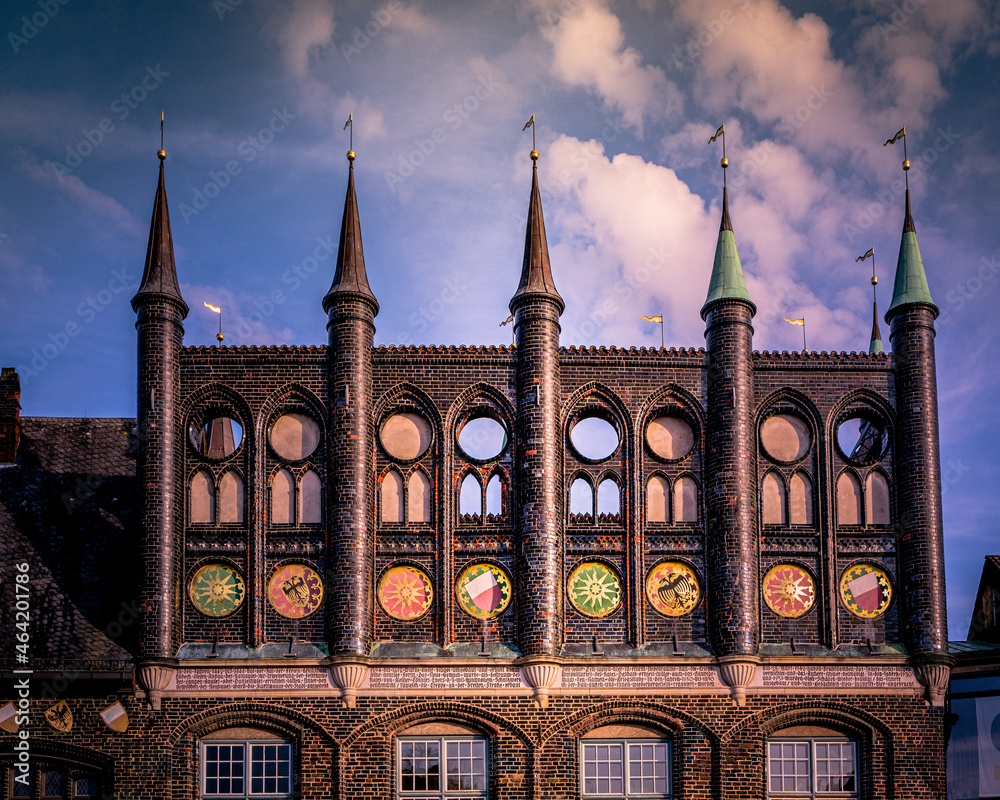 The partial view of the Lübeck town hall with Gothic turrets