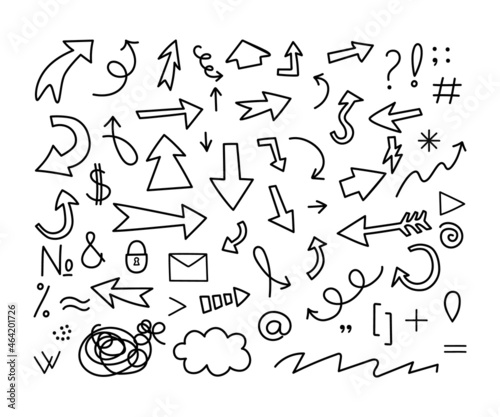 The arrows are a set of different linear black and white, drawn in a doodle style. The symbols are question mark, dollar, letter, lock, cloud, brackets. The vector illustration is isolated.