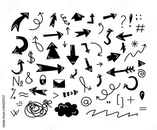 Arrows are a set of different black and white  drawn in a doodle style. The symbols are question mark  dollar  letter  lock  cloud  brackets. The vector illustration is isolated.