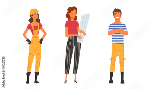 Young Male and Female Architect and Engineer Worker in Overall and Hard Hat Standing with Draft and Blueprint Vector Set