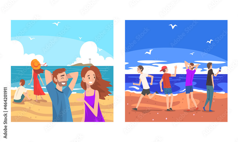 People Characters at Sea Shore Walking Enjoying Warm Day Vector Illustration Set
