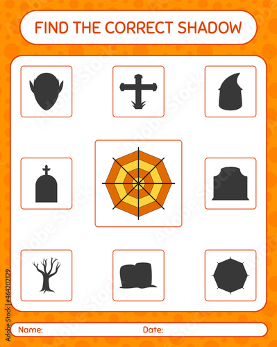 Find the correct shadows game with spider web. worksheet for preschool kids, kids activity sheet