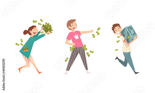 Rich Man and Woman Character with Pile of Cash and Bills Vector Set
