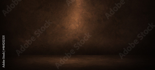 Old Brown Grungy Room With Empty Floor And Wall With Spotlight