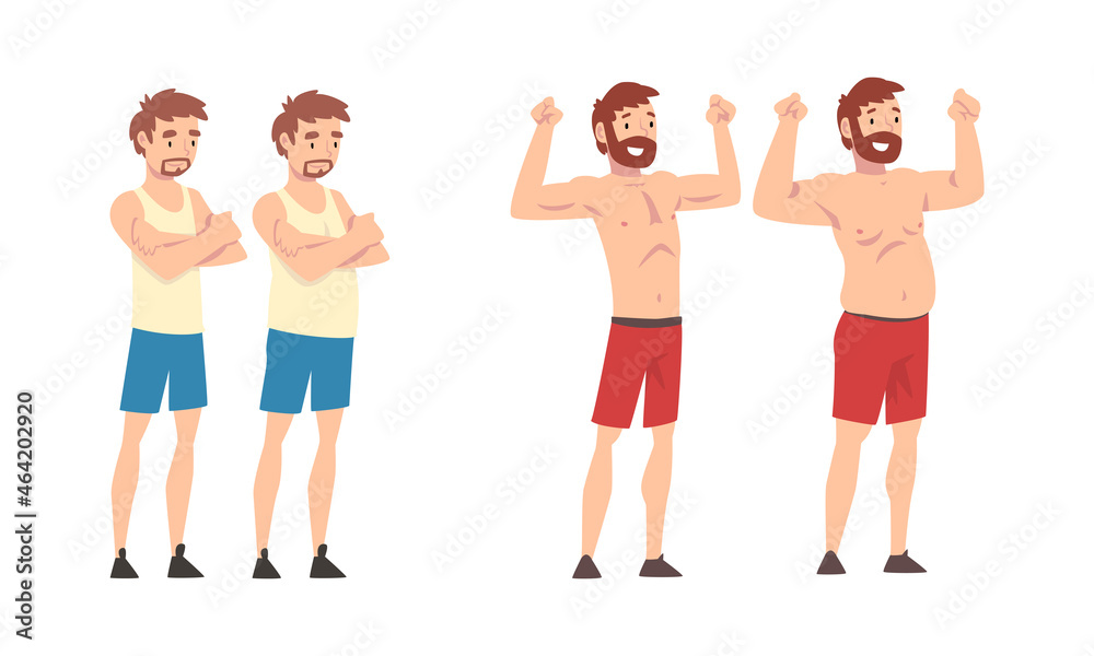 Fototapeta premium Fat and Slim Man Before and After Weight Loss Vector Set
