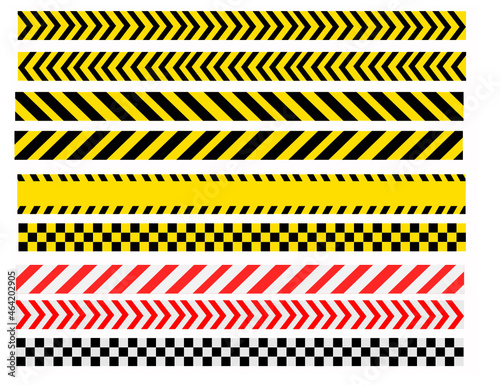 Set of black and yellow stripes.Danger tape.Dangerous areas.Red white stripes.Barrier ribbon.Background, texture and wallpaper.Police line.Vector illustration.Sign, symbol, icon or logo.