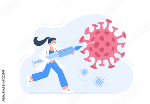 Female doctor with big syringe and vaccine prevents spread of coronavirus. Medicine against COVID-19. Vaccination, fight against diseases. Vector flat illustration isolated on white background.