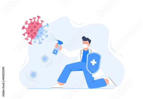 Male doctor with disinfectant spray prevents spread of coronavirus. Protection against COVID-19. Prevention, protection against diseases. Vector flat illustration isolated on white background.