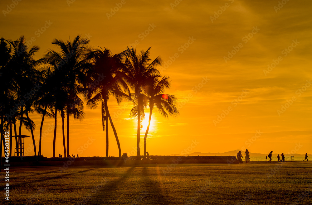 Silhouette Tropical Palm Trees At Sunset - Summer Vacation With Vintage Tone 
