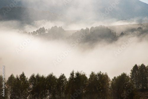 beautiful foggy autumn morning landscape in rural Transylvania © Melinda Nagy