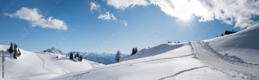 wintry hiking way in beautiful alpine winter landscape Rofan alps, austria