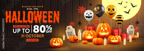 Halloween Sale Promotion Poster or banner with Halloween Ghost Balloons and Pumpkin. Scary air balloons,bat and Halloween Elements. Website spooky,Background or banner Halloween template.
