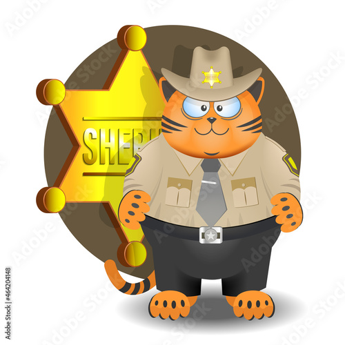 Funny ginger smiling kind fat cat in the sheriff's uniform. 3d large golden six-pointed star. Police icon or sticker