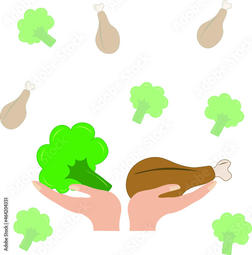 Broccoli and meat in human hands