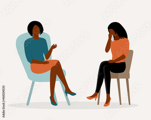 Depressed Black Woman Talking With A Counselor Or Therapist. Psychotherapy, Counselling And Mental Health Support Services.